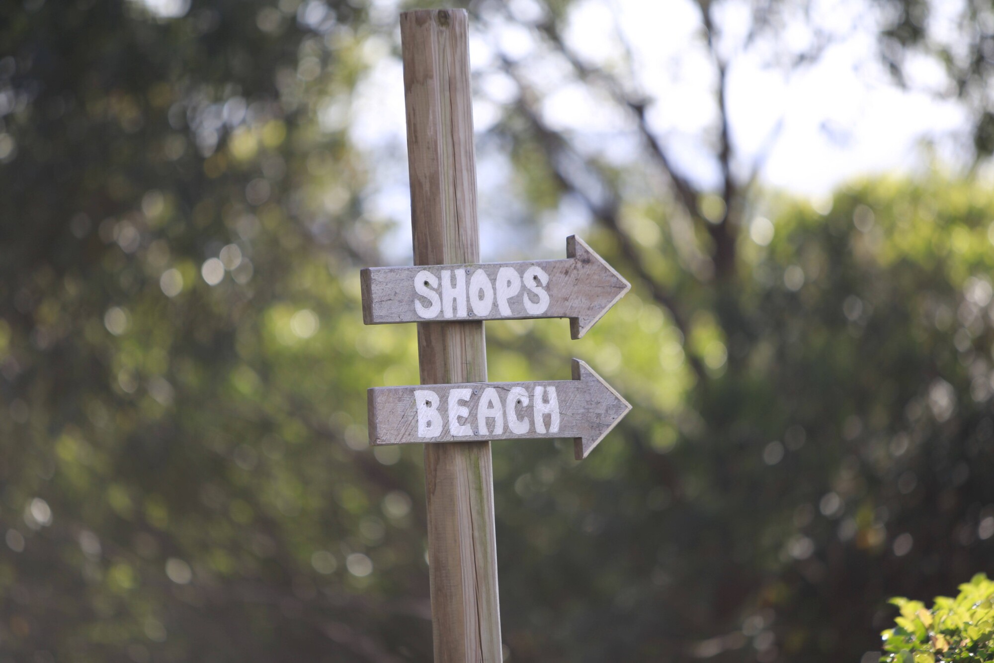 A weathered signpost pointing towards the shops and the beach
